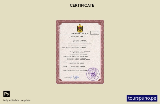 listo para imprimir plantilla PSD del certificado de defunción de Egipto